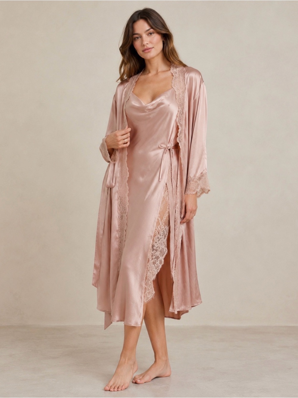 Blush Pink Satin Peignoir Set Slip Nightgown Robe Lace Trim Vintage Style Medium